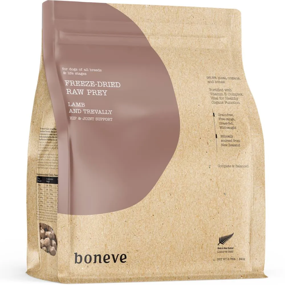 24% OFF 100g (Exp 27Apr25): Boneve Lamb & Trevally Hip & Joint Support Grain-Free Freeze-Dried Raw Dog Food