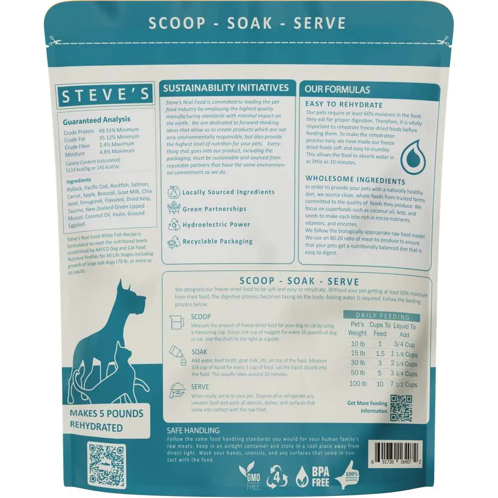 'BUNDLE DEAL FREE WIPES': Steve's Real Food White Fish Grain-Free Freeze-Dried Raw Food For Cats & Dogs 20oz