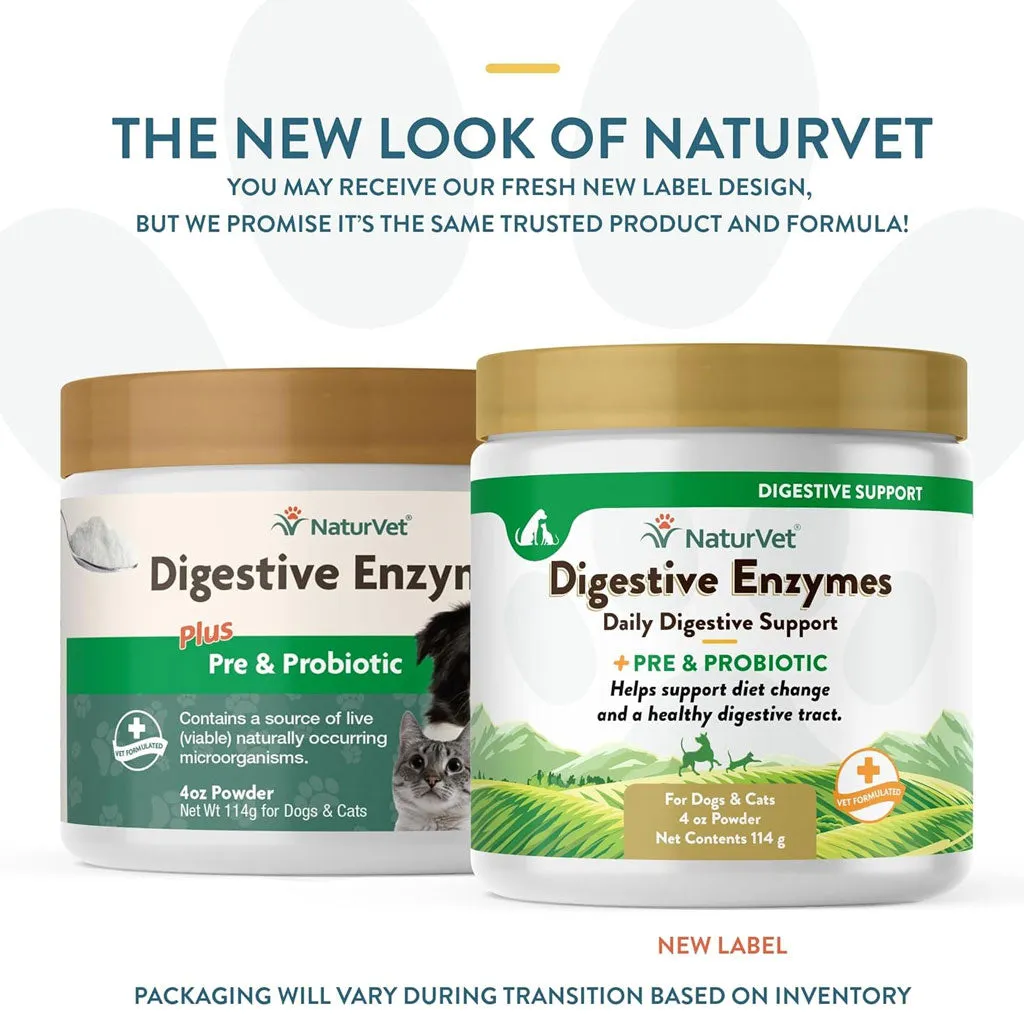 NaturVet Digestive Enzymes Powder Daily Digestive Support Plus Pre & Probiotic for Dogs & Cats, 4-oz