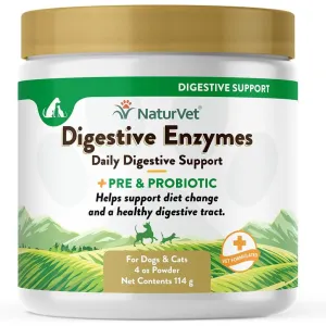 NaturVet Digestive Enzymes Powder Daily Digestive Support Plus Pre & Probiotic for Dogs & Cats, 4-oz