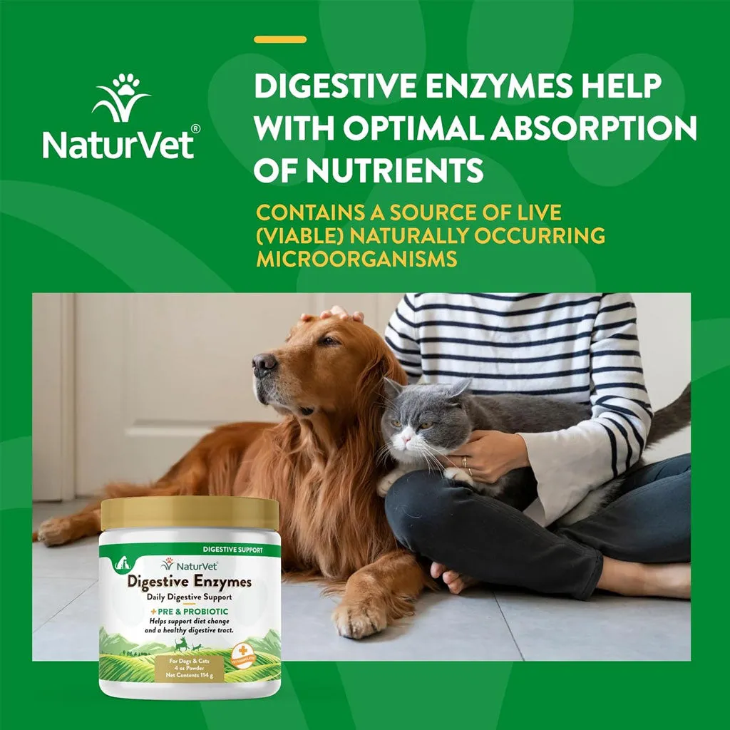 NaturVet Digestive Enzymes Powder Daily Digestive Support Plus Pre & Probiotic for Dogs & Cats, 4-oz