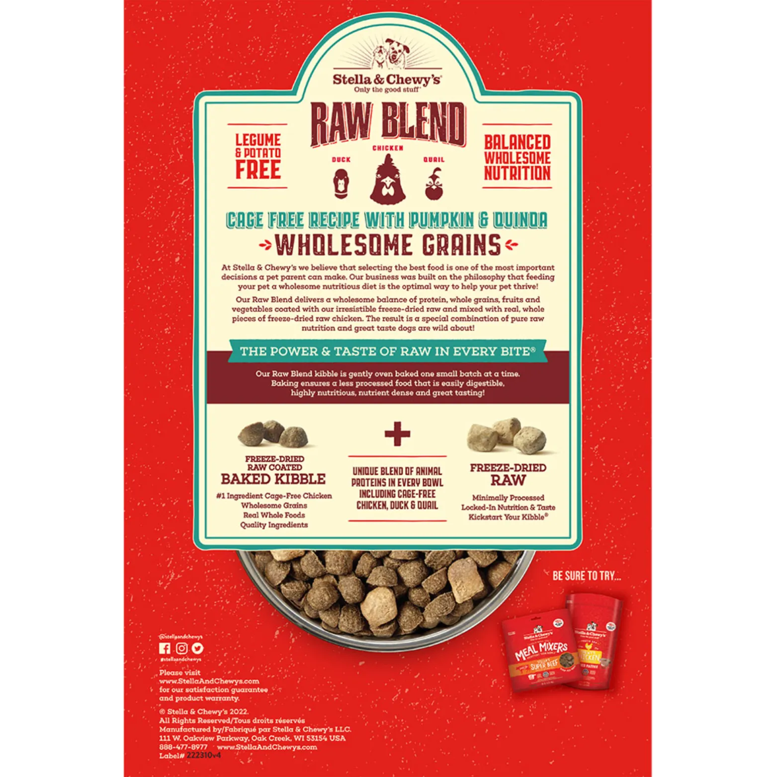 Stella & Chewy's Wholesome Grains Cage Free Raw Blend Recipe Kibble Dog Food